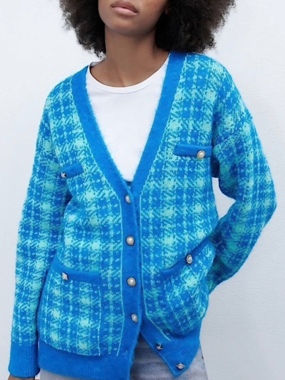 Zara Bright Blue Plaid V-Neck Button Cardigan